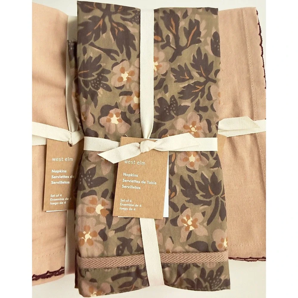 West Elm Napkins, Set of 16, Blake Floral & Picot Edge Burgundy NWT, Retail $176